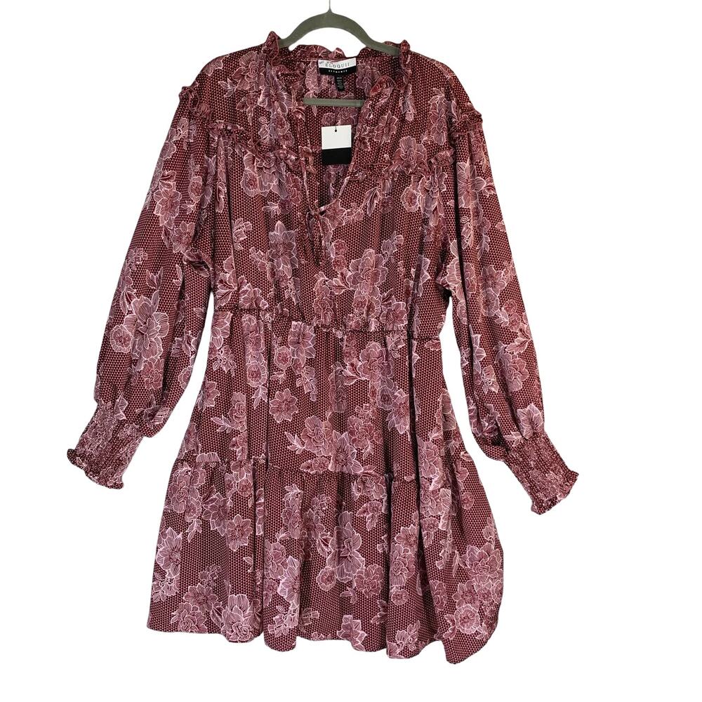 Eloquii Elements Floral Empire Waist Dress 18 20 Burgundy Boho Long Sleeve - Picture 1 of 9